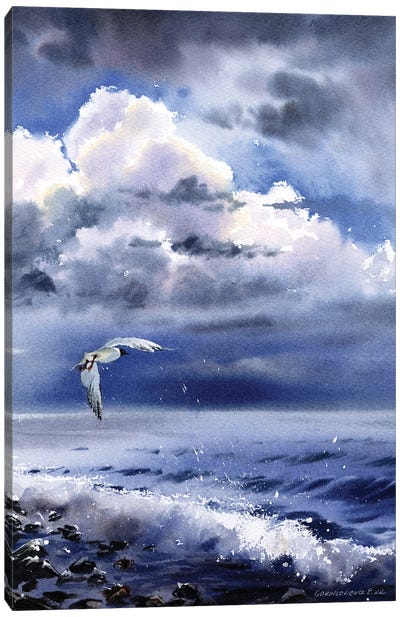 Seagull Over The Sea Canvas Art Print - Gull & Seagull Art