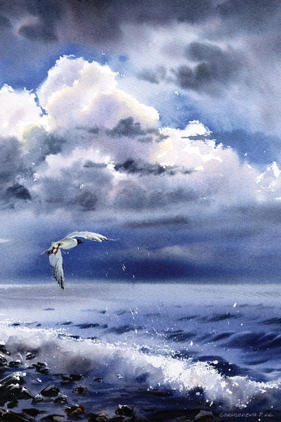 Serene Watercolors: Seagull Over The Sea by HomelikeArt