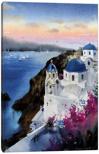 Santorini Sunset Greece Canvas Art Print - Blue Domed Church Santorini
