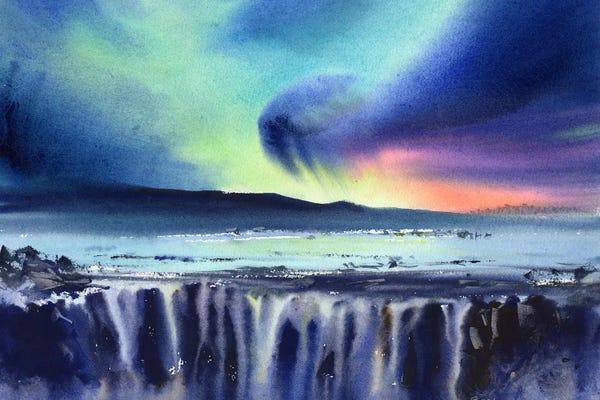 Iceland: Northern Lights And Waterfall, Iceland by HomelikeArt