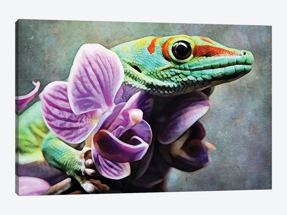 Green Gecko Orchid Grab by Ashley Aldridge 1-piece Canvas Art Print