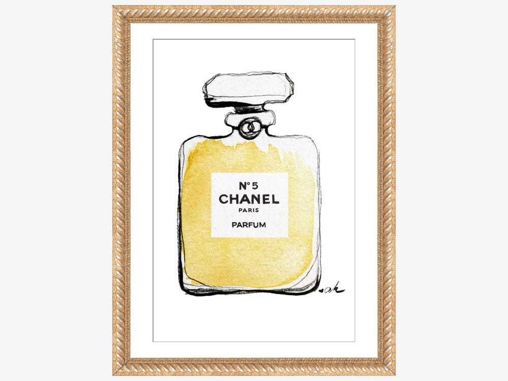 Framed Canvas Art (Gold Floating Frame) - Chanel No 5 by Anna Hammer ( Fashion > Fashion Brands > Chanel art) - 26x18 in
