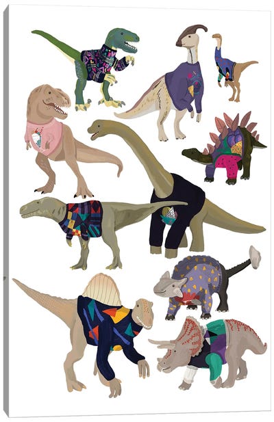 Dinosaurs in 80’s Jumpers Canvas Art Print - Kids Dinosaur Art