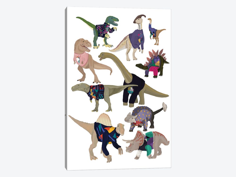 Dinosaurs in 80’s Jumpers by Hanna Melin 1-piece Art Print