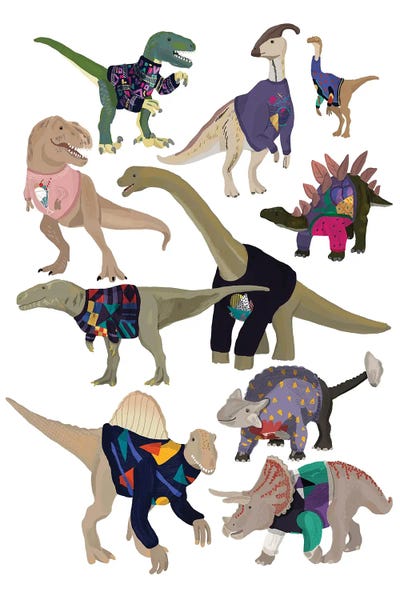 Kids Dinosaur Art: Dinosaurs in 80’s Jumpers by Hanna Melin