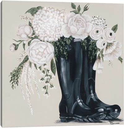 Flowers and Black Boots Canvas Art Print - Modern Farmhouse Living Room Art