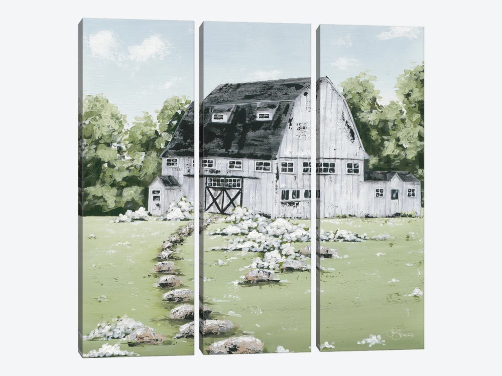 White Barn In The Field by Hollihocks Art 3-piece Canvas Artwork