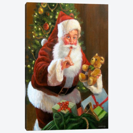 Santa with Teddy Bear Canvas Print #HOL17} by David Lindsley Canvas Art