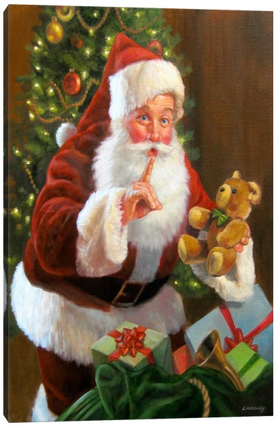 Santa with Teddy Bear Canvas Art Print - Toys