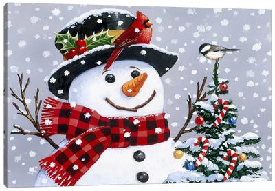 Snowman Canvas Art Print - Christmas Trees & Wreath Art