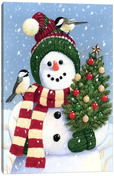 Snowman Holding A Christmas Canvas Art Print - Sparrows