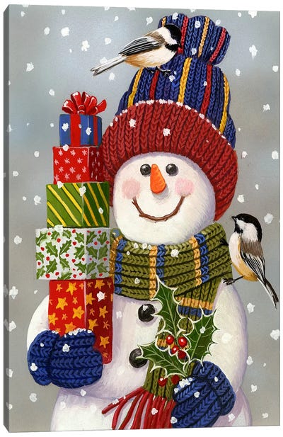 Snowman With Presents Canvas Art Print - Christmas Art