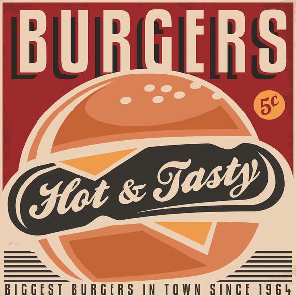 Food & Drink Posters: Burgers Here by Honeymoon Hotel