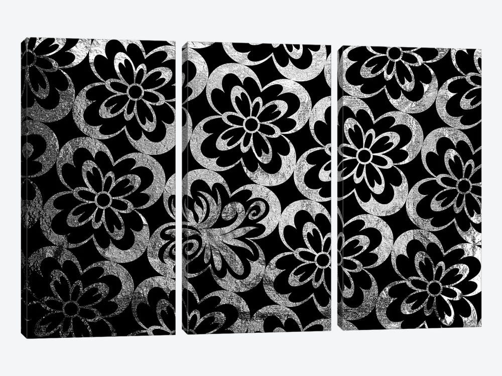 Flourished Floral in Black & Silver Extended by 5by5collective 3-piece Canvas Print