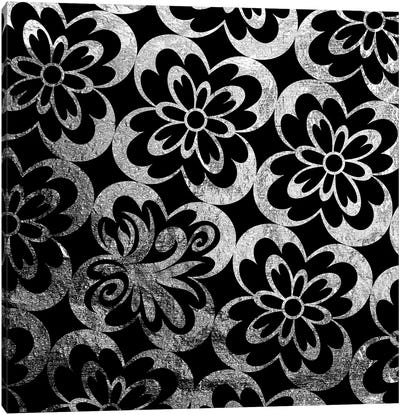 Flourished Floral in Black & Silver Canvas Art Print - Black & White Patterns