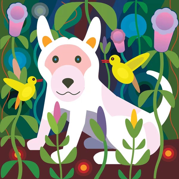 Charles Harker: White Dog Garden - Square by Charles Harker
