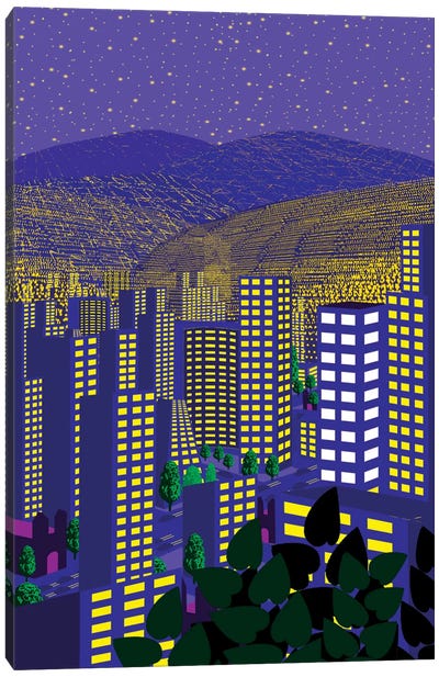 Mexico City At Night Canvas Art Print - Blue & Yellow Art