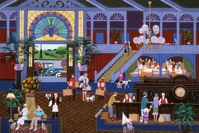 Checking In At The Grand Peacock by Heronim framed canvas print