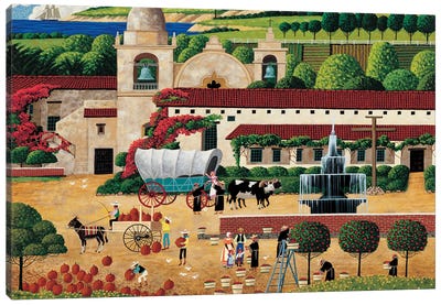Harvest At The Mission Canvas Art Print - Carriage & Wagon Art