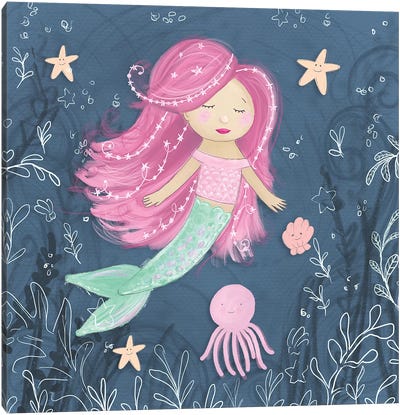 Mermaid and Octopus Navy I Canvas Art Print - Mermaid Art