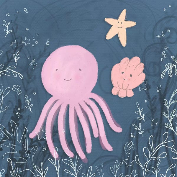Kids Ocean Life Art: Mermaid and Octopus Navy II by hartworks