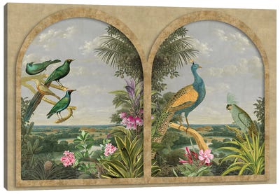 Window With A View (Tropical Birds) Canvas Art Print - Arches