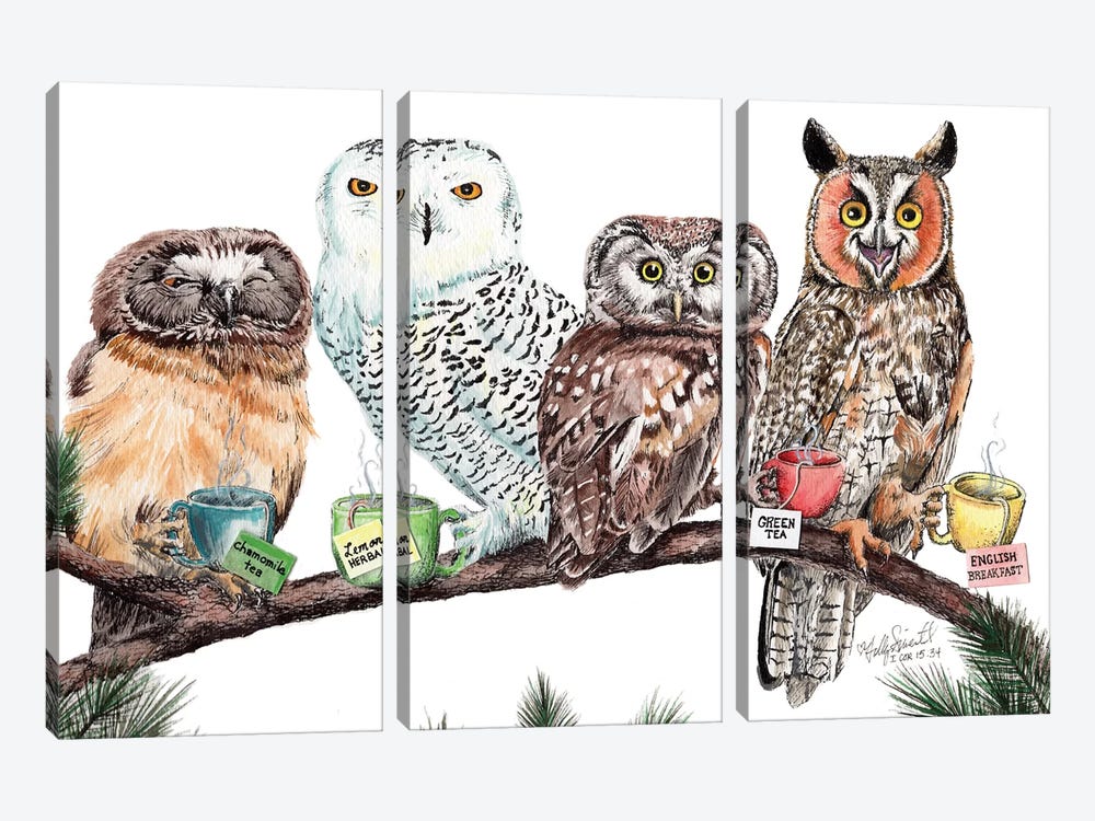 Tea Owls by Holly Simental 3-piece Canvas Artwork