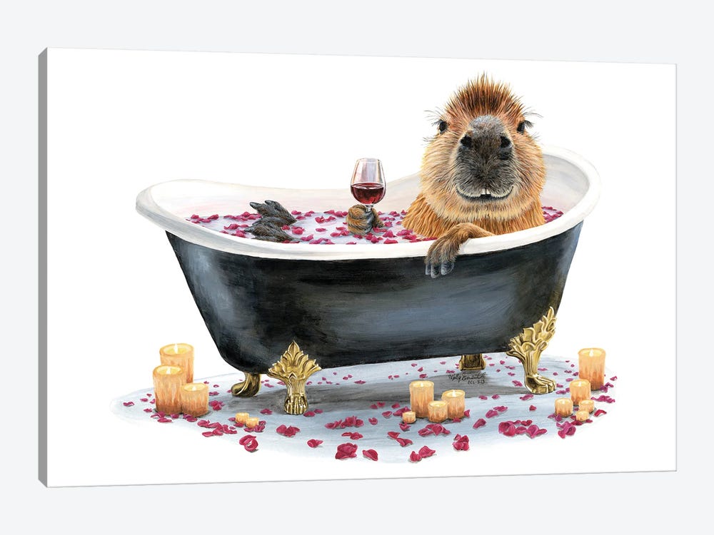Holly Simental Canvas Wall Decor Prints - Happy Cappy Bath Capybara ( Animals > rodents > Capybara art) - 26x40 in