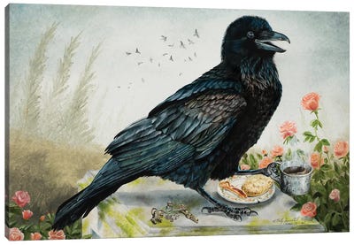 Breakfast With The Raven Canvas Art Print - Raven Art