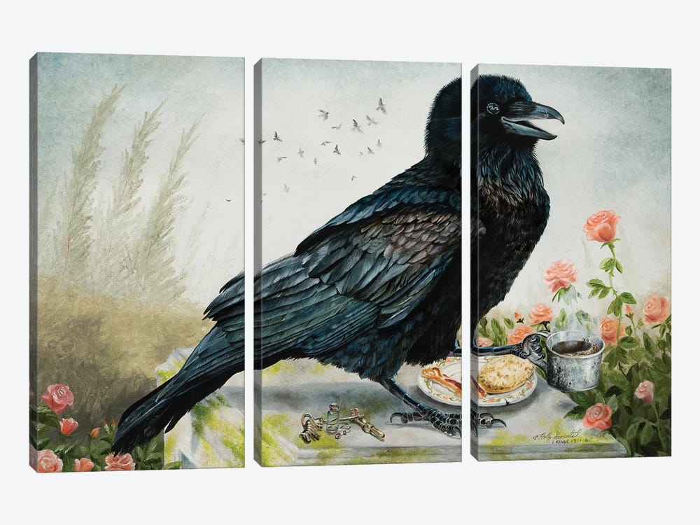 Breakfast With The Raven by Holly Simental 3-piece Canvas Art Print