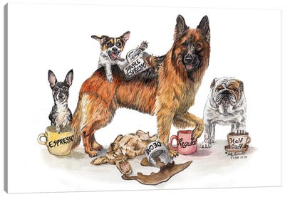Coffee Dogs Canvas Art Print - Animal Humor Art