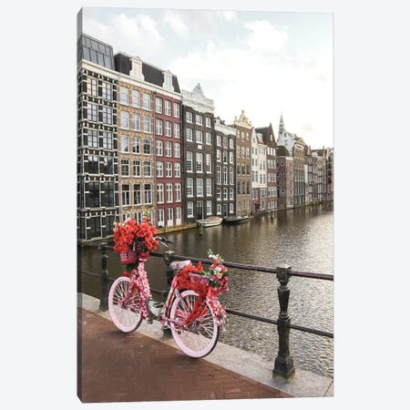 Pink Bike In Amsterdam Canvas Print #HSK35} by Henrike Schenk Canvas Artwork