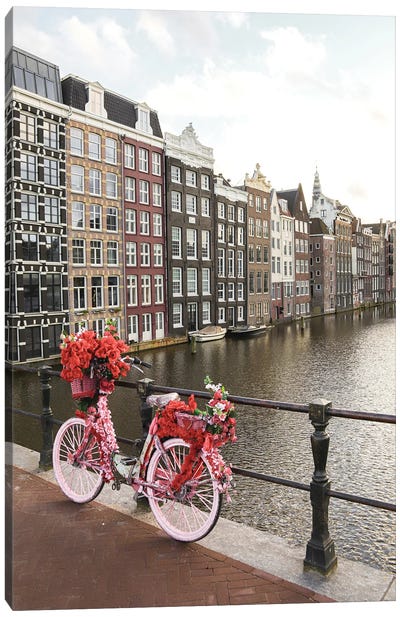Pink Bike In Amsterdam Canvas Art Print - Amsterdam Art