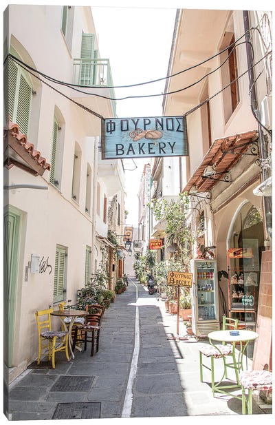 Pastel Street In Greece Canvas Art Print - Cafe Art