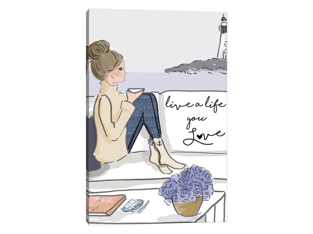 Framed Canvas Art (Champagne) - Live A Life You Love by Heather Stillufsen ( scenic & landscapes > Nautical > Lighthouses art) - 26x18 in