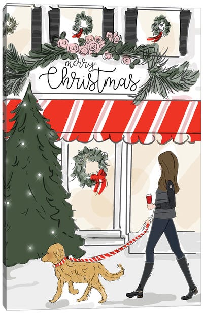 Merry Christmas In The Village Canvas Art Print - Christmas Trees & Wreath Art