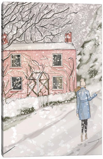 Baby Pink Cottage Canvas Art Print - Winter Wonderland
