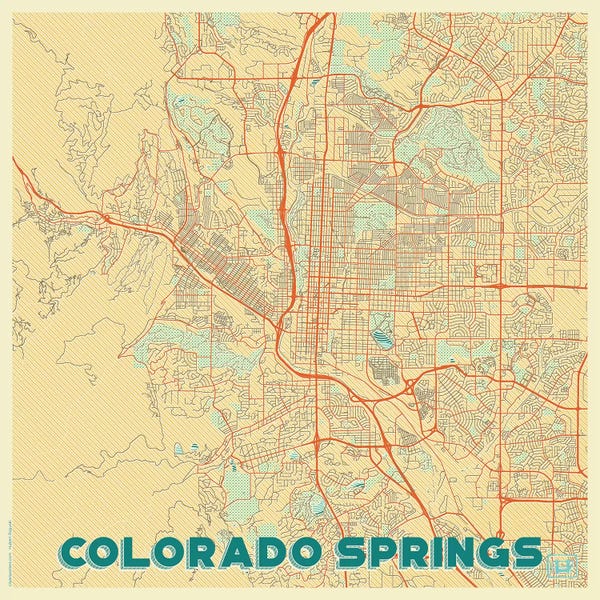 Hubert Roguski: Colorado Springs Retro Urban Blueprint Map by Hubert Roguski