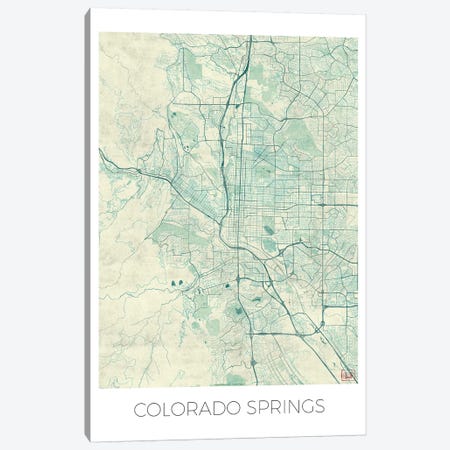 Colorado Springs Vintage Blue Watercolor Urban Blueprint Map Canvas Print #HUR103} by Hubert Roguski Art Print