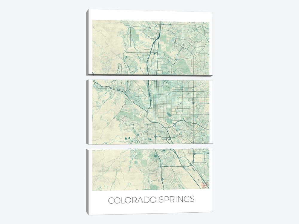 Colorado Springs Vintage Blue Watercolor Urban Blueprint Map by Hubert Roguski 3-piece Canvas Artwork