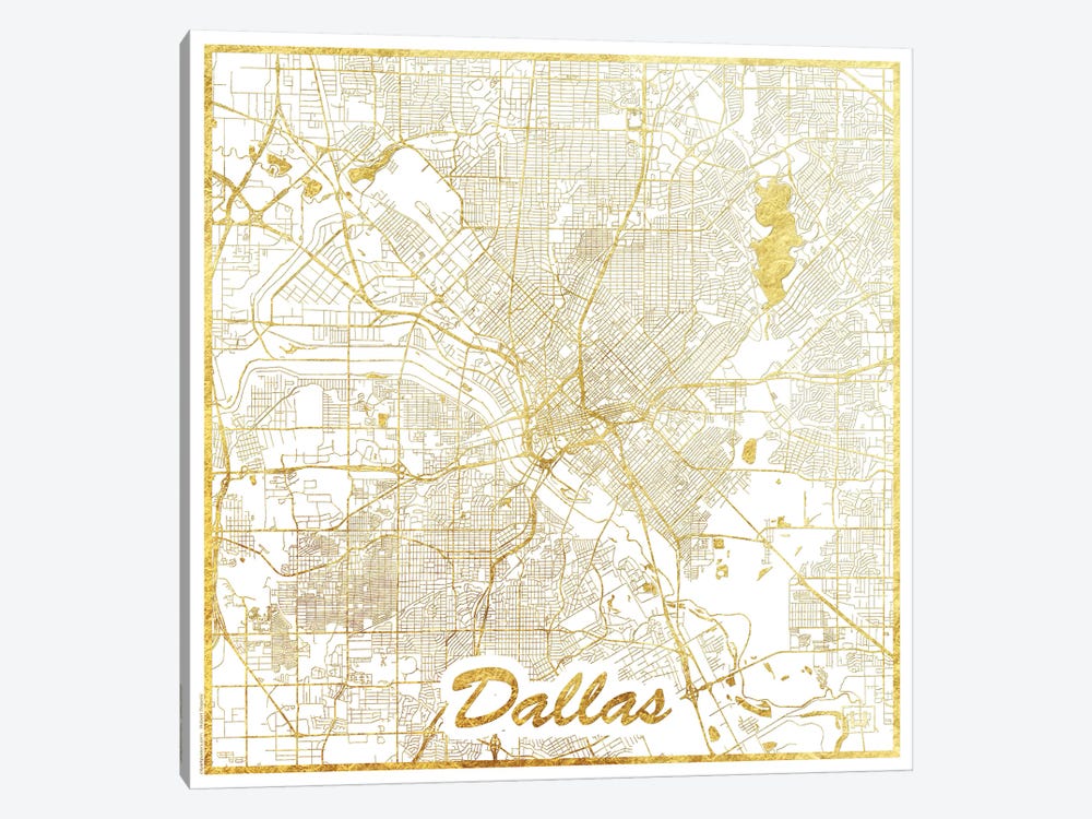 Dallas Gold Leaf Urban Blueprint Map by Hubert Roguski 1-piece Canvas Wall Art