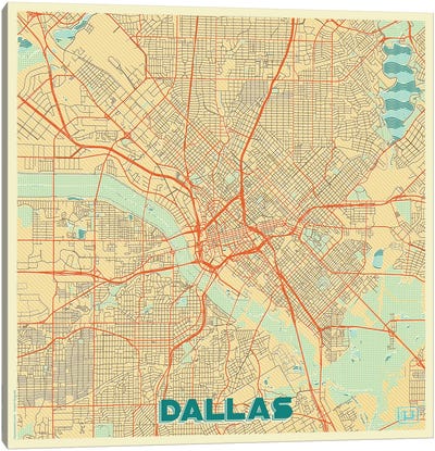 Dallas Retro Urban Blueprint Map Canvas Art Print - Hubert Roguski