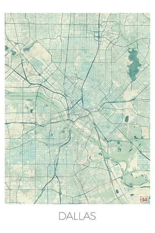 Dallas Vintage Blue Watercolor Urban Blueprint Map