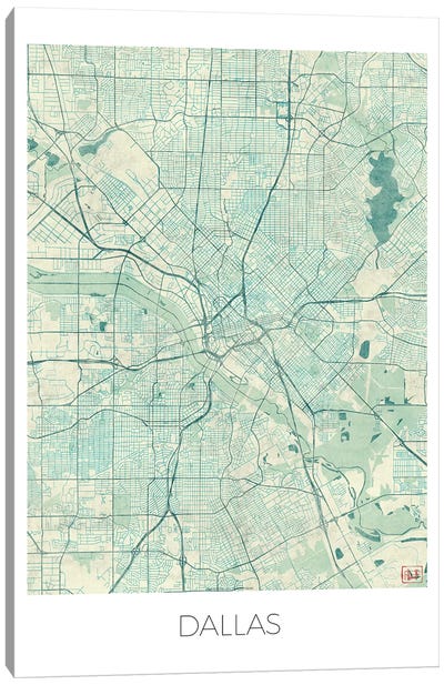 Dallas Vintage Blue Watercolor Urban Blueprint Map Canvas Art Print - Dallas Maps