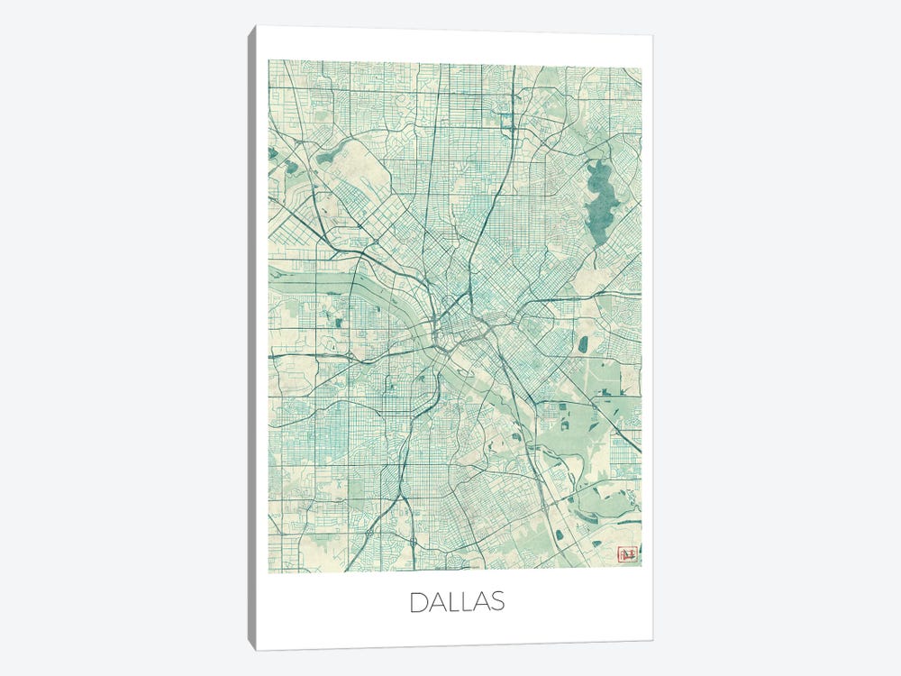 Dallas Vintage Blue Watercolor Urban Blueprint Map by Hubert Roguski 1-piece Canvas Artwork