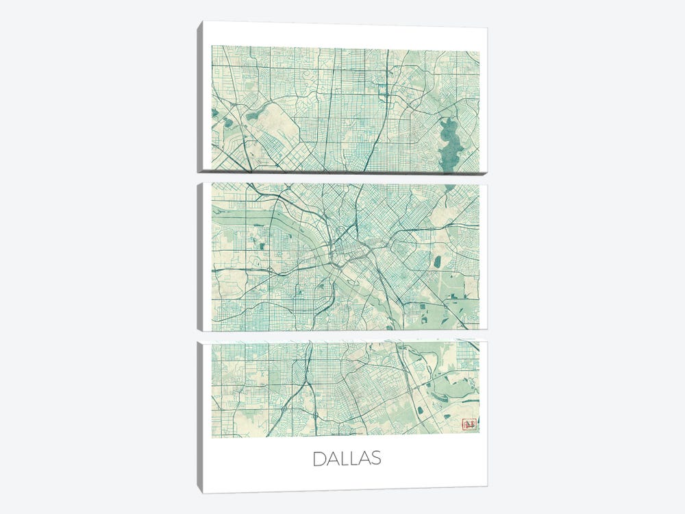 Dallas Vintage Blue Watercolor Urban Blueprint Map by Hubert Roguski 3-piece Canvas Art