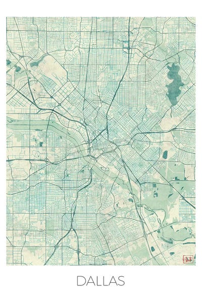 Hubert Roguski: Dallas Vintage Blue Watercolor Urban Blueprint Map by Hubert Roguski