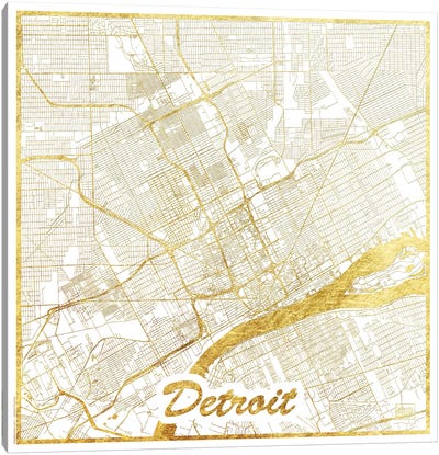 Detroit Gold Leaf Urban Blueprint Map Canvas Art Print - Black, White & Gold Art