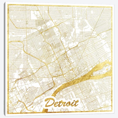 Detroit Gold Leaf Urban Blueprint Map Canvas Print #HUR111} by Hubert Roguski Canvas Artwork