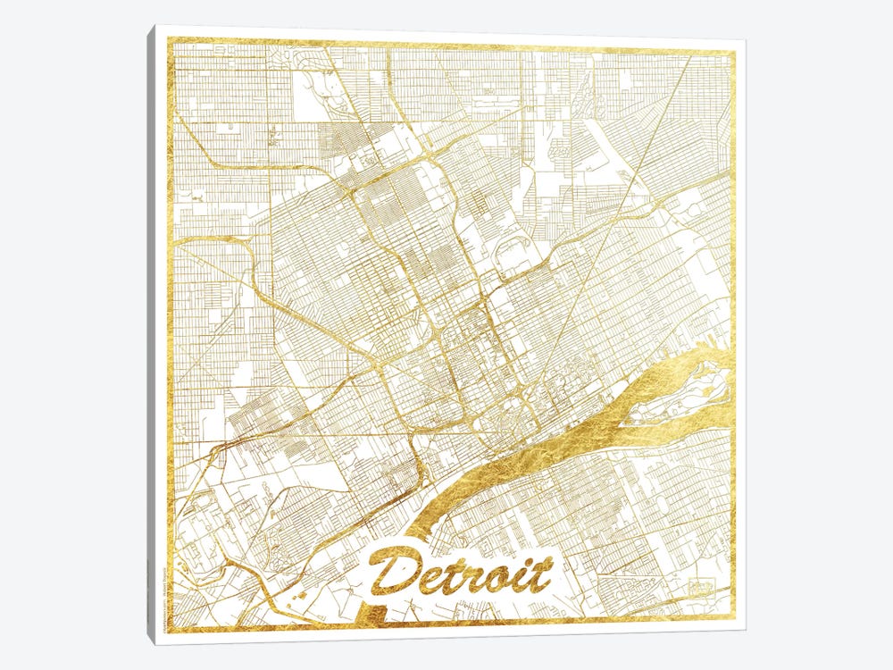 Detroit Gold Leaf Urban Blueprint Map by Hubert Roguski 1-piece Canvas Print